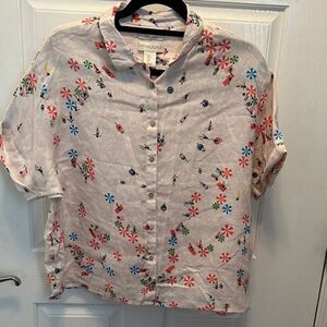 Cynthia Rowley Cream 100% Linen Shirt with Multicolor Tropical Beach Print Large